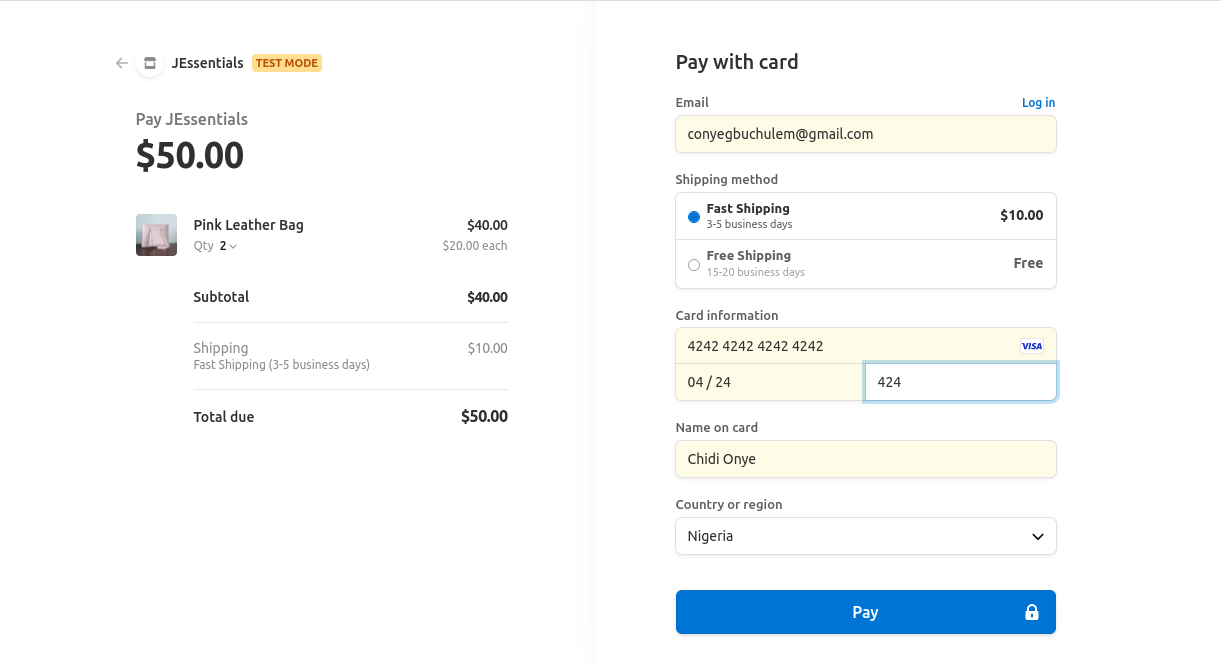 a stripe checkout page for selected item