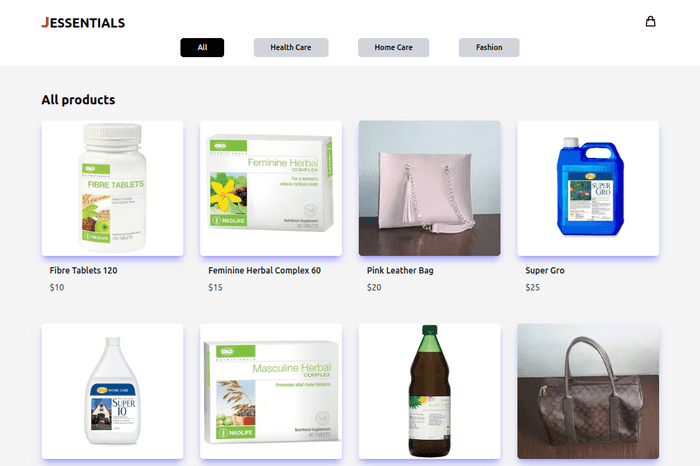 home page with all products